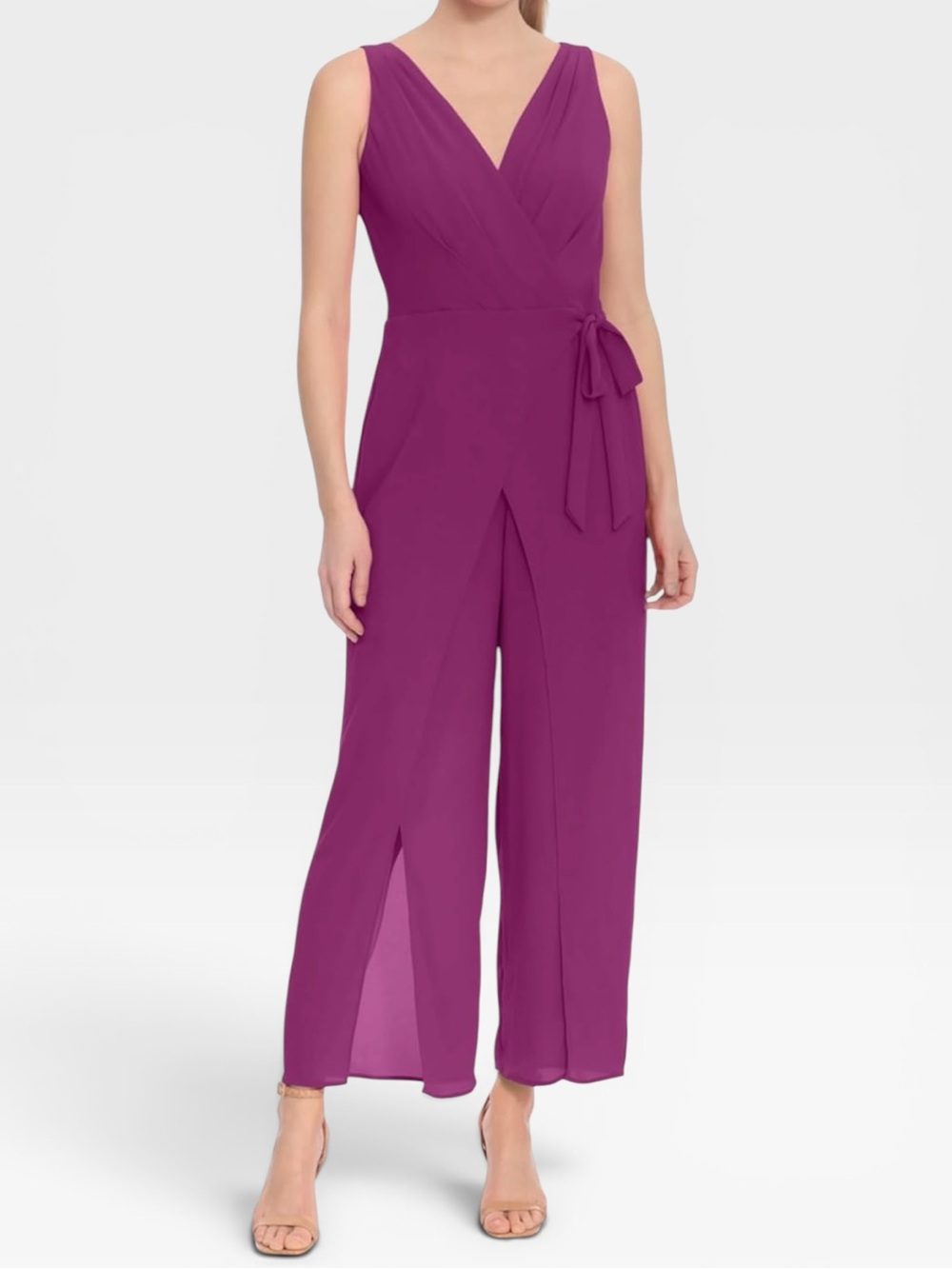 London Times Plum Women's Sleeveless Wrap Jumpsuit With Front Leg Slit Size LP